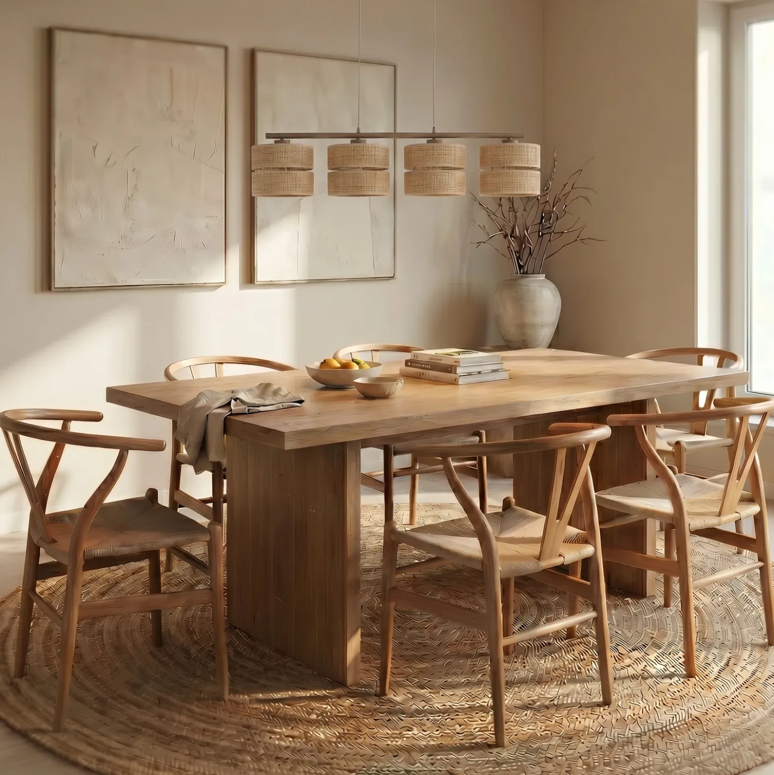 Lámpara colgante Calma, 4 luces, beige, rafia, longitud 95 cm