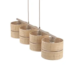 Lámpara colgante Calma, 4 luces, beige, rafia, longitud 95 cm