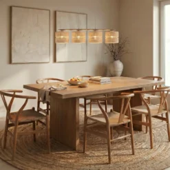 Lámpara colgante Calma, 4 luces, beige, rafia, longitud 95 cm