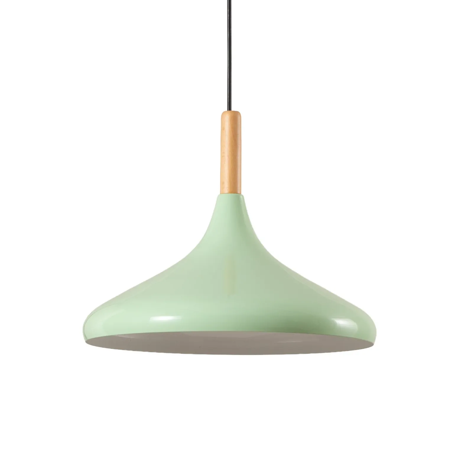 Lámpara colgante Chris, verde menta/blanco, Ø 35 cm, metal, detalle madera