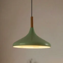 Lámpara colgante Chris, verde menta/blanco, Ø 35 cm, metal, detalle madera