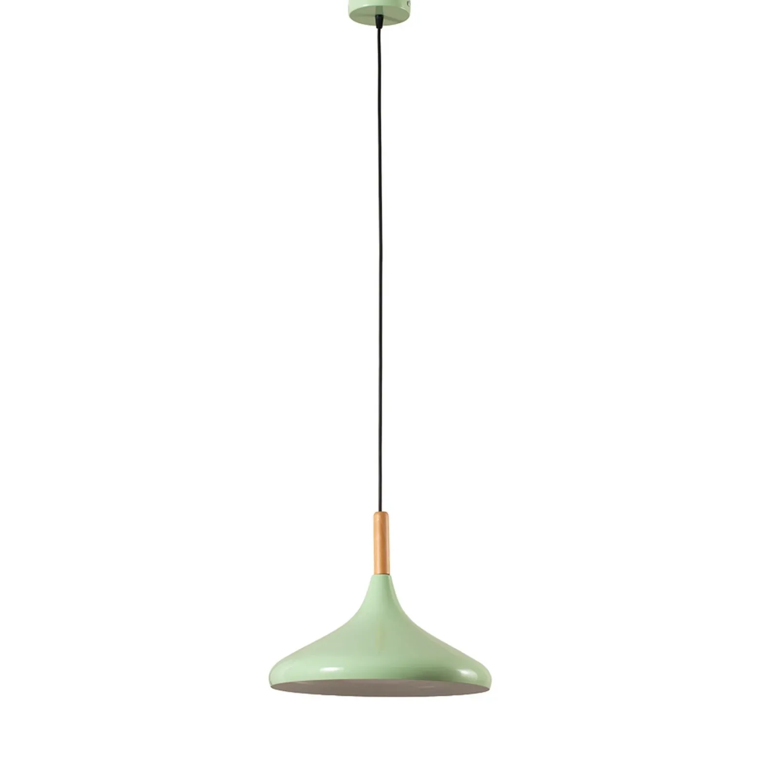 Lámpara colgante Chris, verde menta/blanco, Ø 35 cm, metal, detalle madera