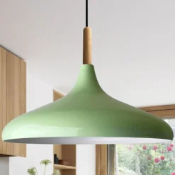 Lámpara colgante Chris, verde menta/blanco, Ø 35 cm, metal, detalle madera