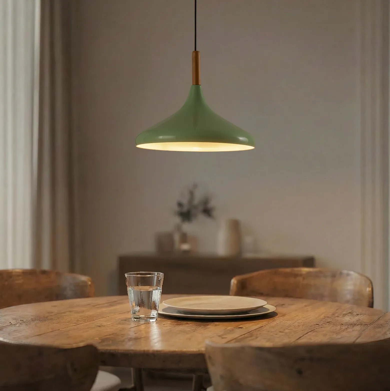Lámpara colgante Chris, verde menta/blanco, Ø 35 cm, metal, detalle madera