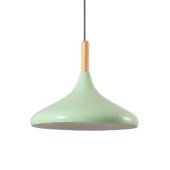 Lámpara colgante Chris, verde menta/blanco, Ø 35 cm, metal, detalle madera