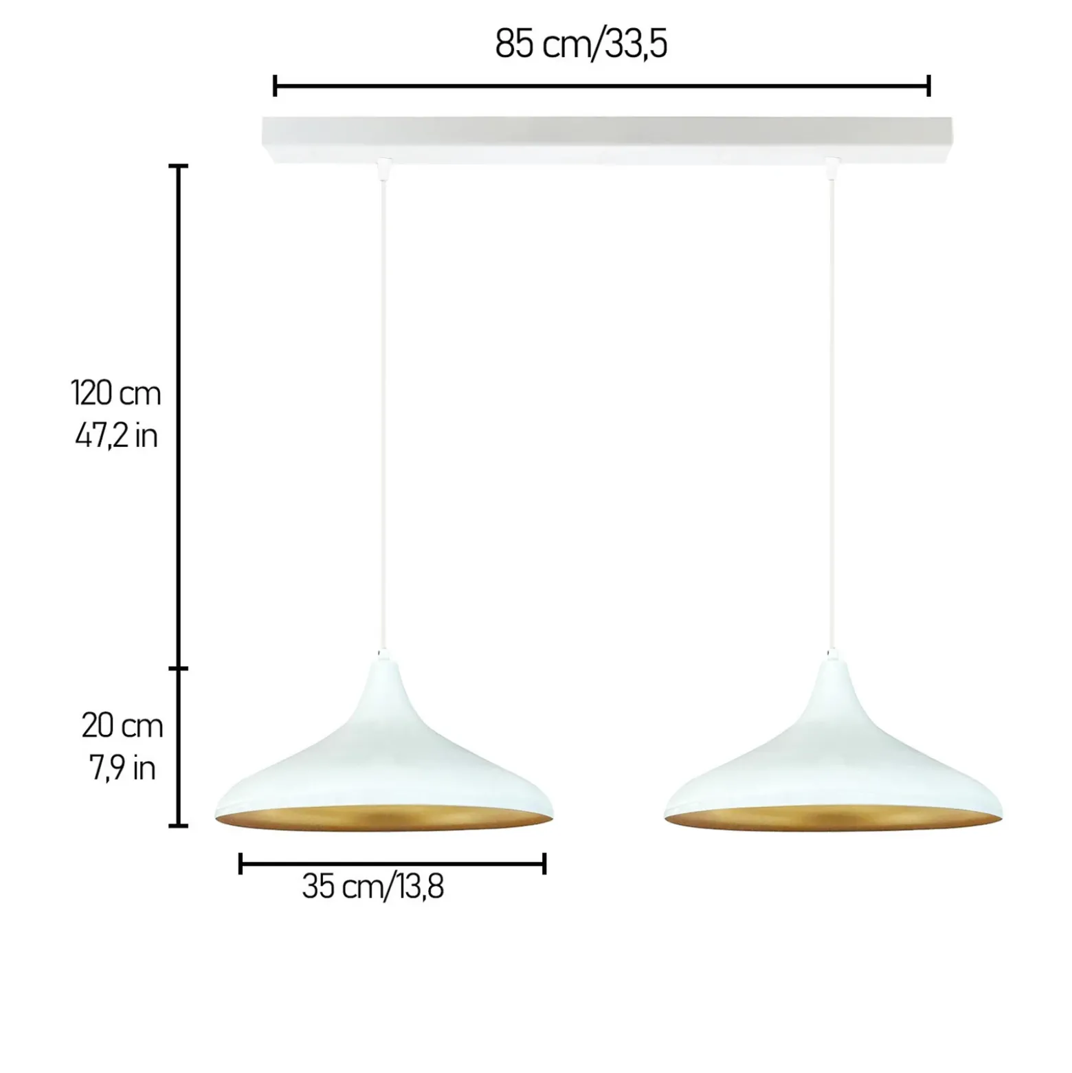 Lámpara colgante Claus, blanca, longitud 85 cm, 2 luces, metal