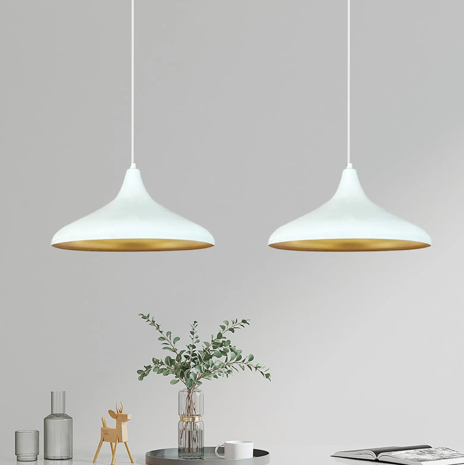 Lámpara colgante Claus, blanca, longitud 85 cm, 2 luces, metal