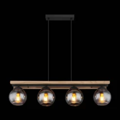 Lámpara colgante Conni, longitud 85 cm, gris humo, madera/vidrio, 4 luces.