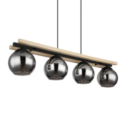 Lámpara colgante Conni, longitud 85 cm, gris humo, madera/vidrio, 4 luces.