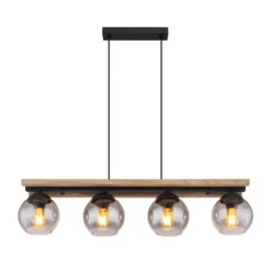 Lámpara colgante Conni, longitud 85 cm, gris humo, madera/vidrio, 4 luces.