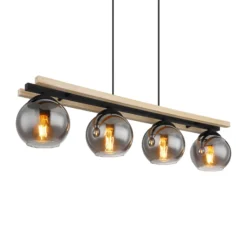 Lámpara colgante Conni, longitud 85 cm, gris humo, madera/vidrio, 4 luces.