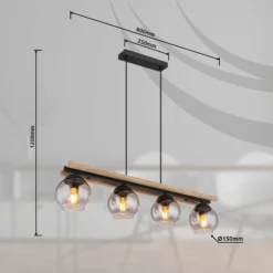 Lámpara colgante Conni, longitud 85 cm, gris humo, madera/vidrio, 4 luces.