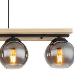 Lámpara colgante Conni, longitud 85 cm, gris humo, madera/vidrio, 4 luces.
