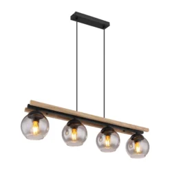 Lámpara colgante Conni, longitud 85 cm, gris humo, madera/vidrio, 4 luces.