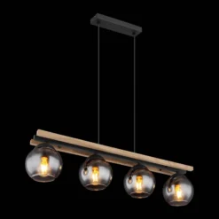 Lámpara colgante Conni, longitud 85 cm, gris humo, madera/vidrio, 4 luces.
