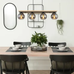 Lámpara colgante Conni, longitud 85 cm, gris humo, madera/vidrio, 4 luces.