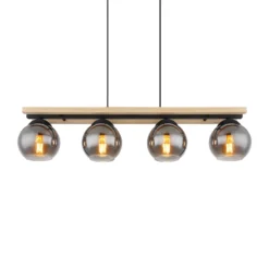 Lámpara colgante Conni, longitud 85 cm, gris humo, madera/vidrio, 4 luces.