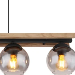 Lámpara colgante Conni, longitud 85 cm, gris humo, madera/vidrio, 4 luces.