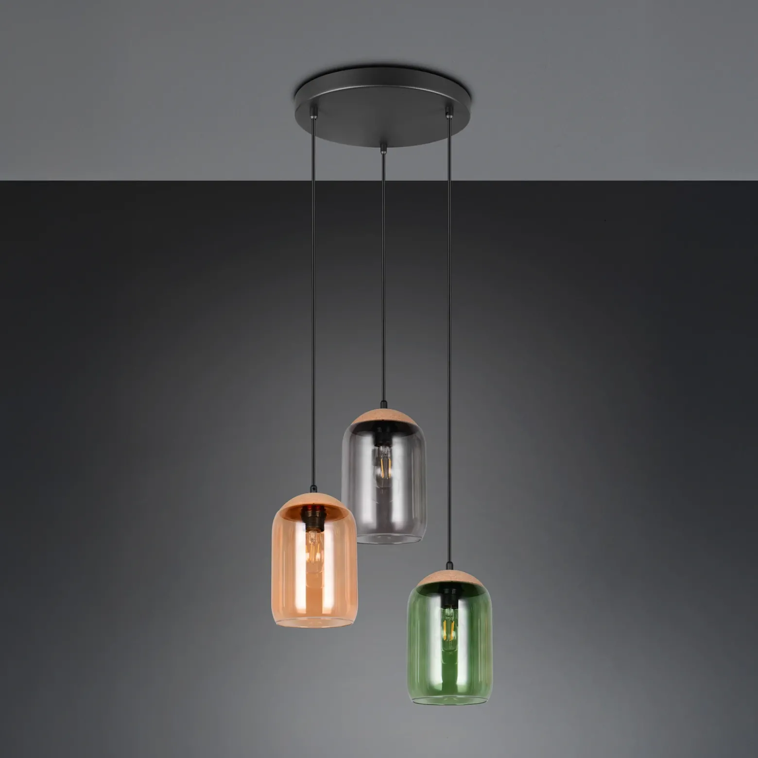 Lámpara colgante Cork, multicolor, Ø 30 cm, 3 luces, cristal/corcho