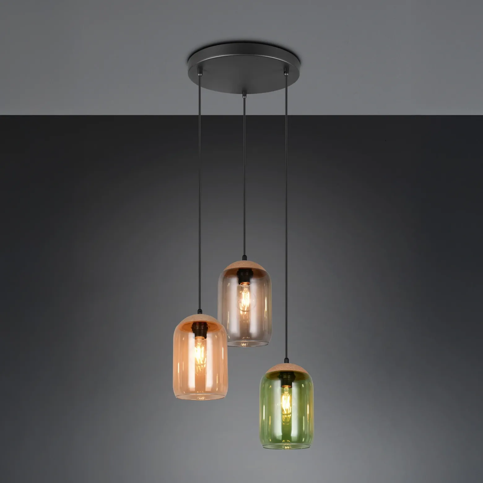 Lámpara colgante Cork, multicolor, Ø 30 cm, 3 luces, cristal/corcho