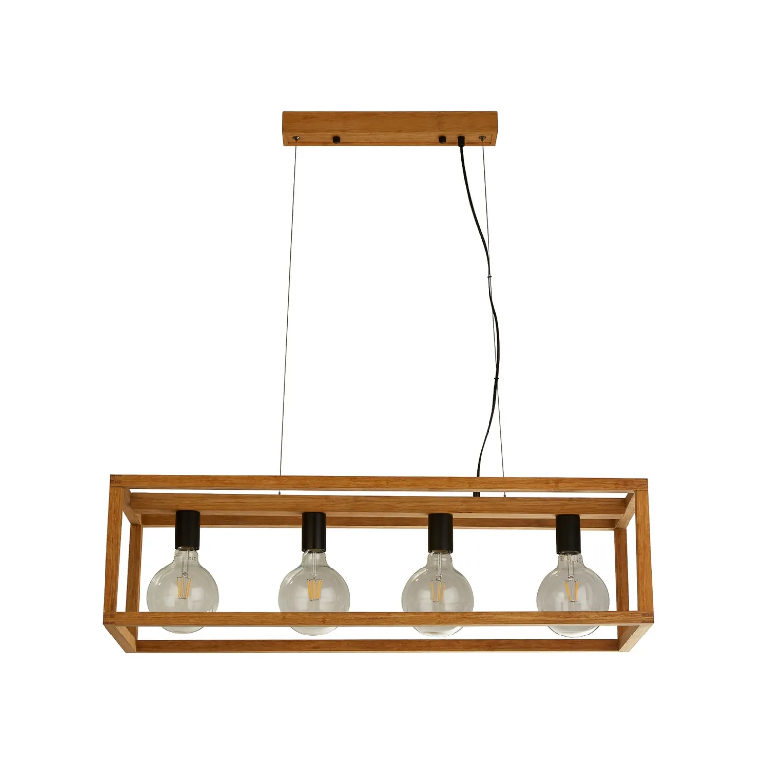 Lámpara colgante cuadrada, 4 luces, 90 cm de largo, bambú, E27