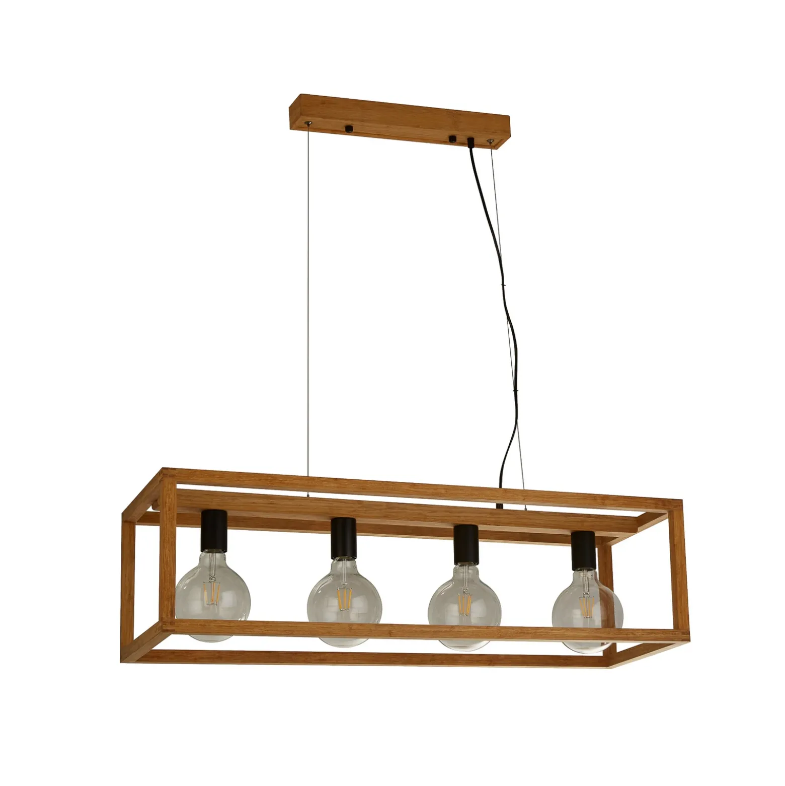Lámpara colgante cuadrada, 4 luces, 90 cm de largo, bambú, E27
