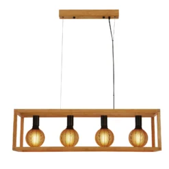 Lámpara colgante cuadrada, 4 luces, 90 cm de largo, bambú, E27