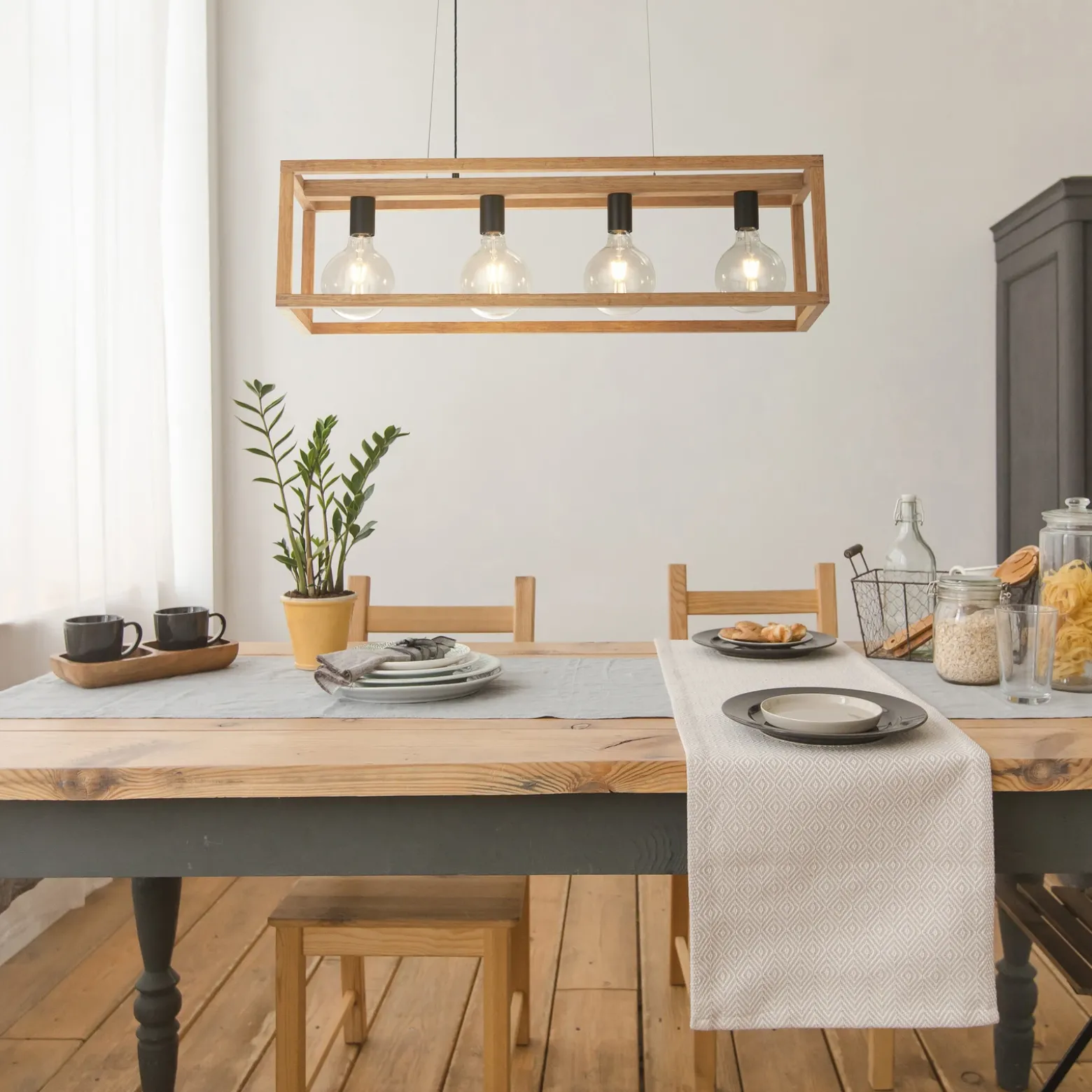 Lámpara colgante cuadrada, 4 luces, 90 cm de largo, bambú, E27