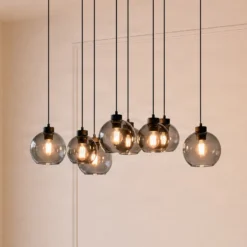 Lámpara colgante Cubus, 95 cm de largo, 8 luces, gris humo, cristal