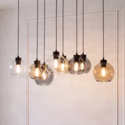 Lámpara colgante Cubus, 68 cm, 8 luces, transparente/miel/marrón, cristal