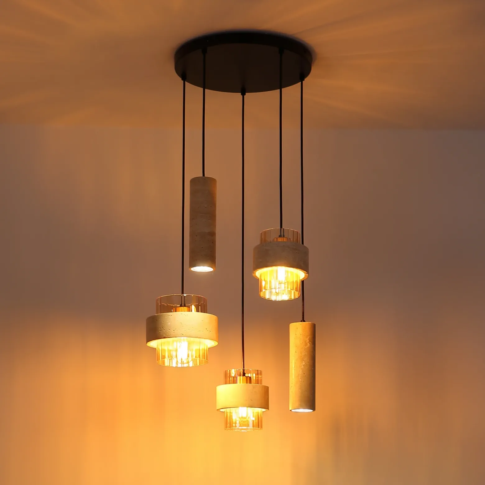 Lámpara colgante Daren, 5 luces, beige/ámbar/negro, E27 + GU10