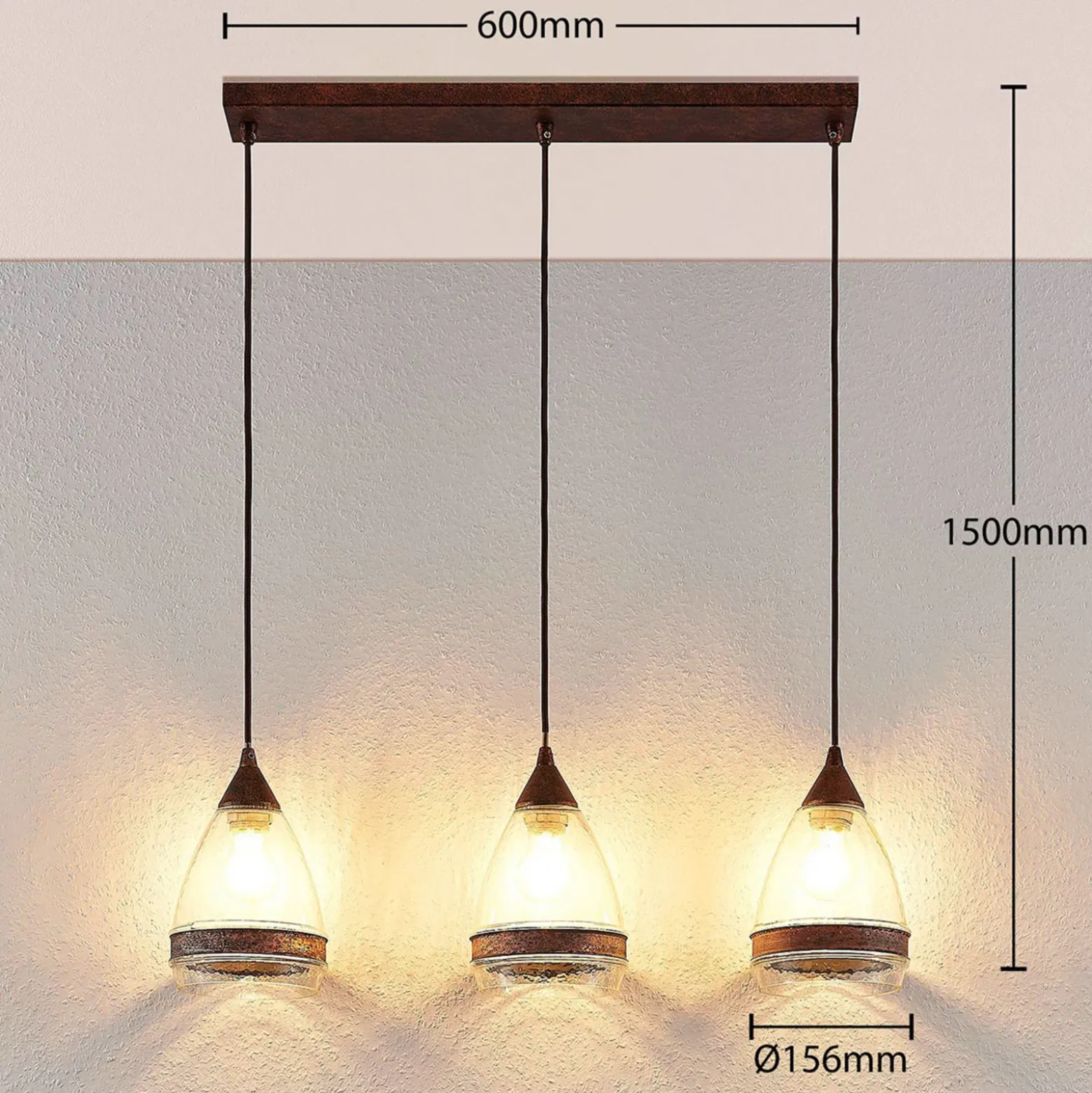 Lámpara colgante de cristal Lindby Millina, 70 cm, marrón óxido, 3 luces.