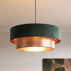 Lámpara colgante Dorina, verde/dorado, Ø 60 cm, tejido, E27