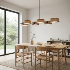 Lámpara colgante DRUMZ, marrón, longitud 100 cm, 6 luces, tejido, E14