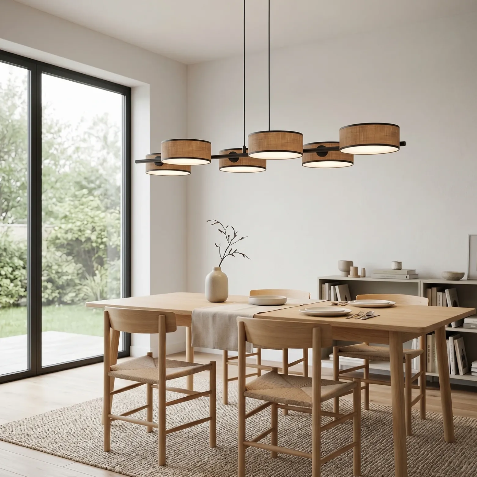 Lámpara colgante DRUMZ, marrón, longitud 100 cm, 6 luces, tejido, E14