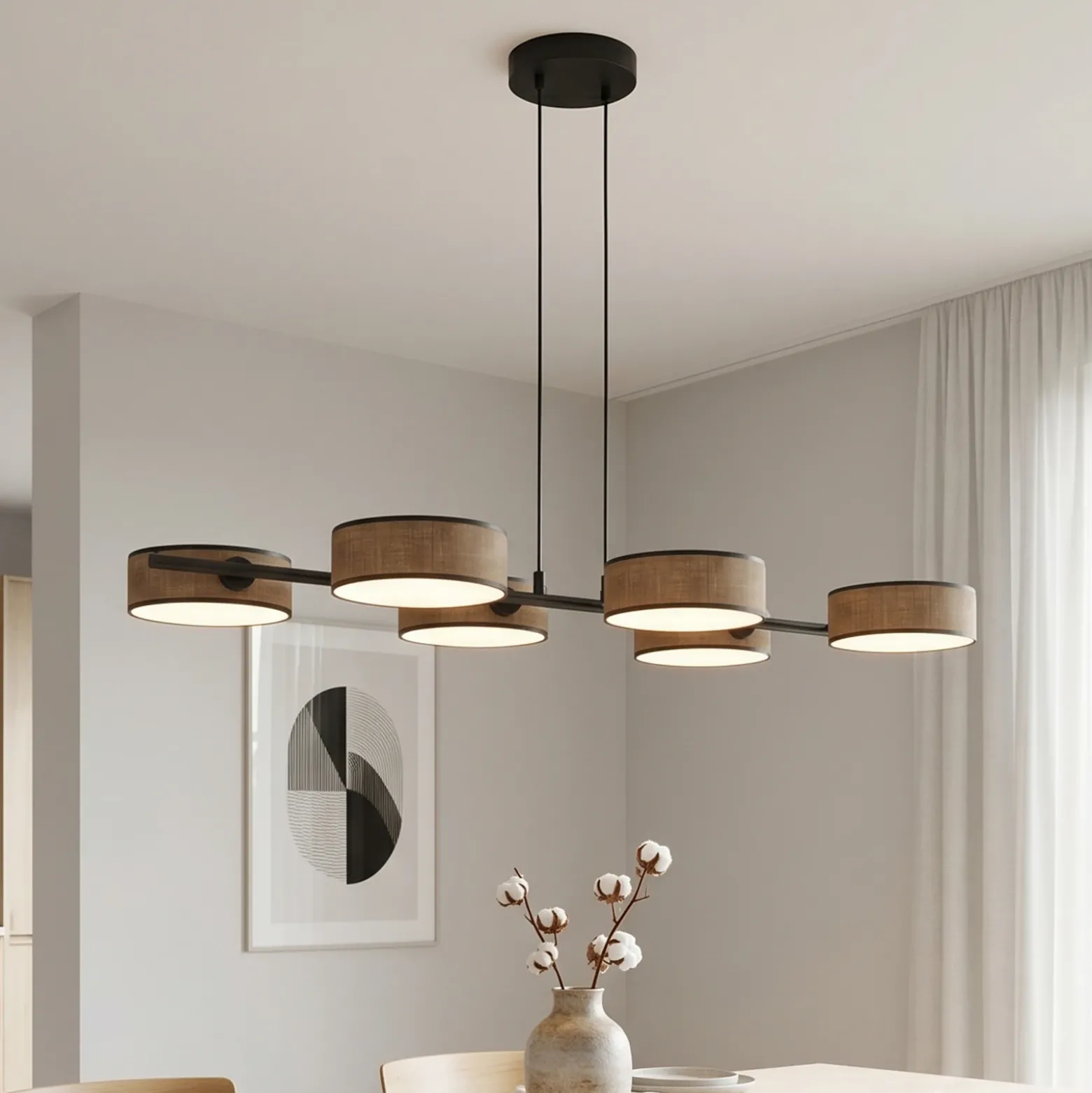 Lámpara colgante DRUMZ, marrón, longitud 100 cm, 6 luces, tejido, E14