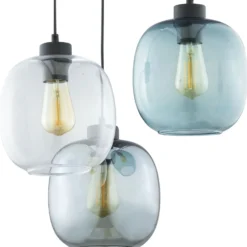 Lámpara colgante Elio, cristal, azul/claro/gris, Ø 52 cm, 3 luces