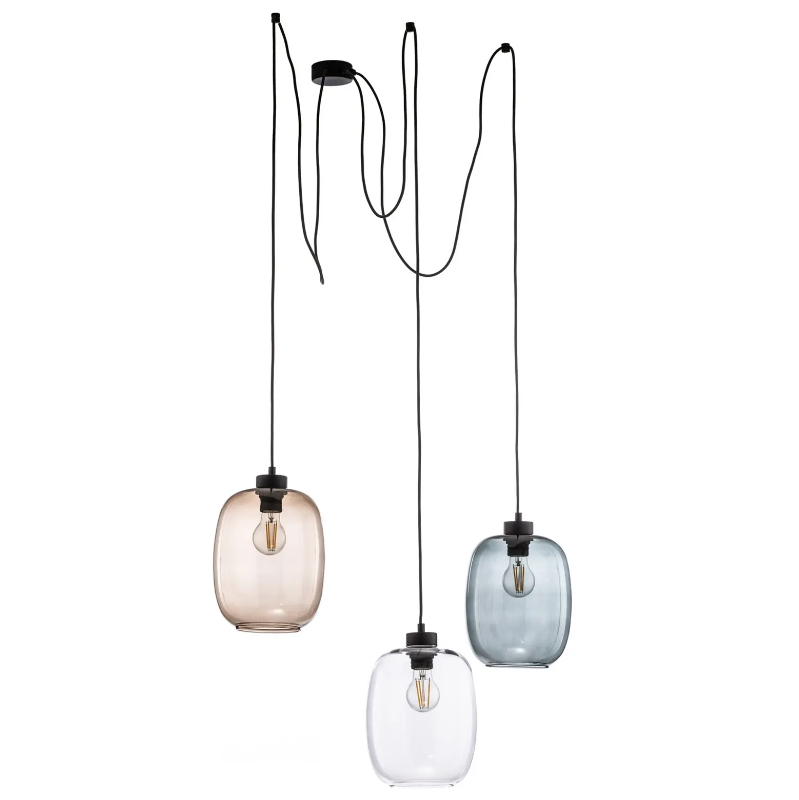 Lámpara colgante Elio, cristal, marrón/claro/gris, 3 luces, descentrable