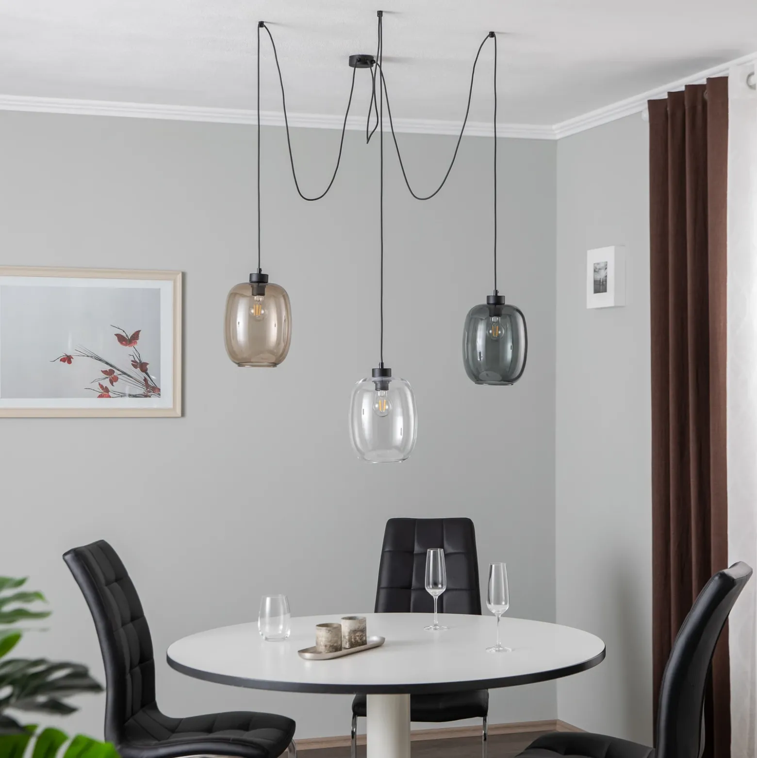 Lámpara colgante Elio, cristal, marrón/claro/gris, 3 luces, descentrable