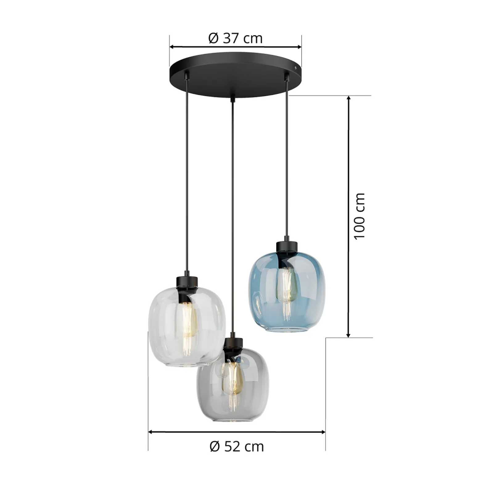 Lámpara colgante Elio, cristal, azul/claro/gris, Ø 52 cm, 3 luces