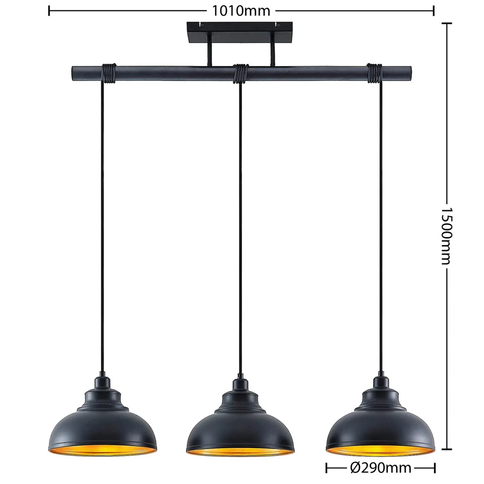 Lámpara colgante Emna de Lindby, 3 luces, negro/dorado, metal, 101 cm