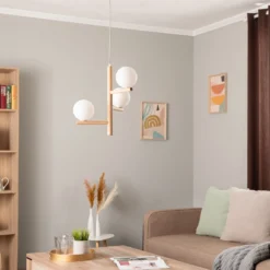 Lámpara colgante Estera, cristal opalino, madera, 3 luces