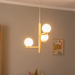 Lámpara colgante Estera, cristal opalino, madera, 3 luces