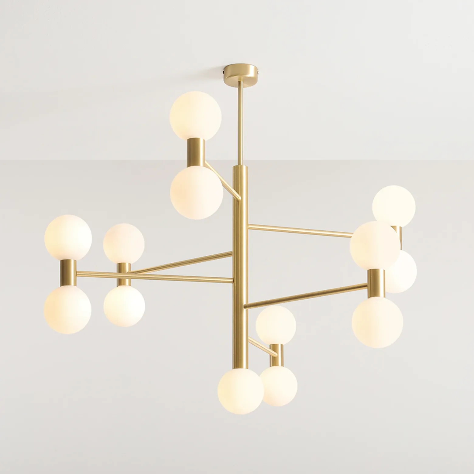 Lámpara colgante Flare, 13 luces, latón/blanco opalino, cristal