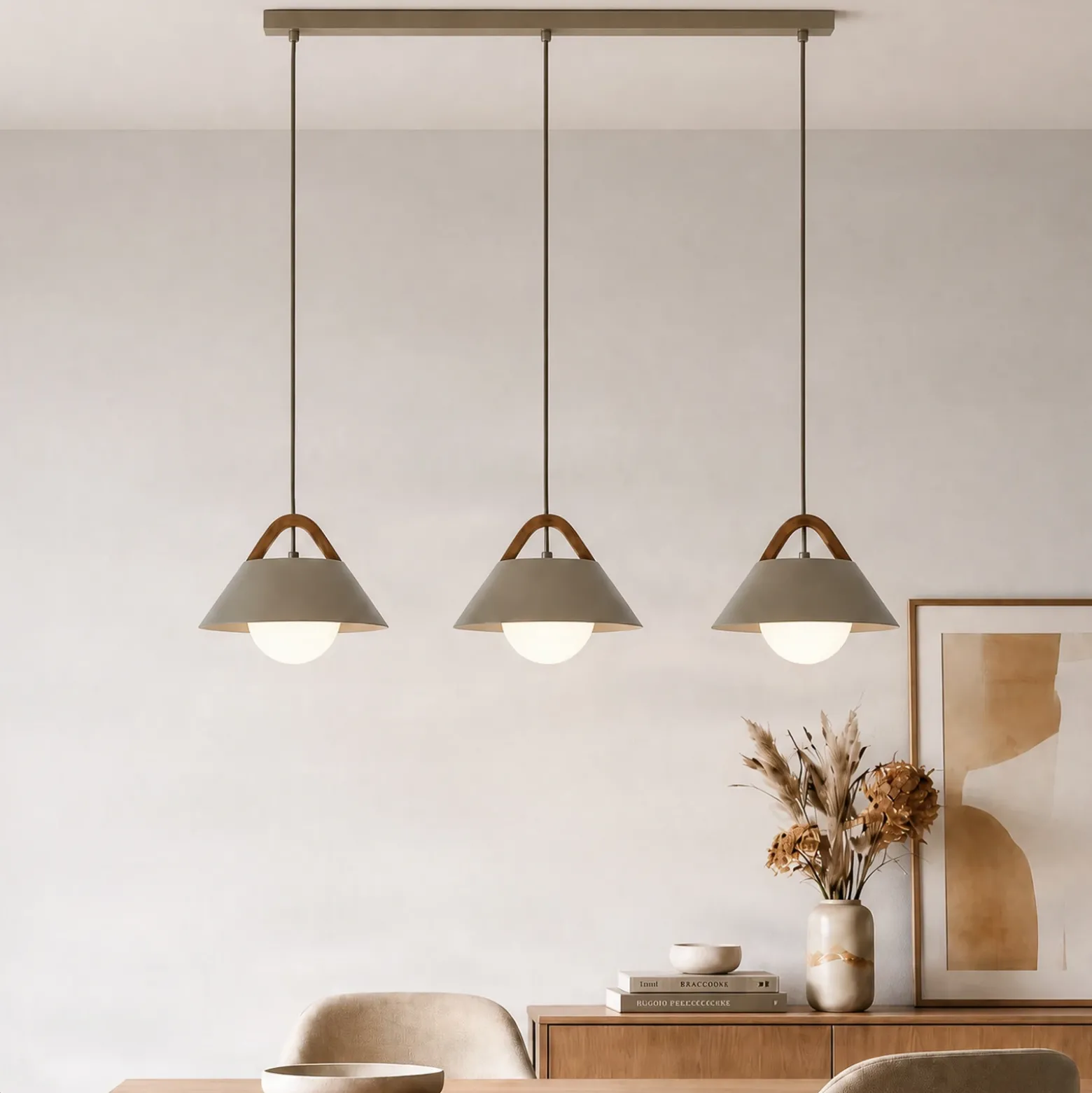 Lámpara colgante Funda, beige, longitud 110 cm, 3 luces, metal/cristal