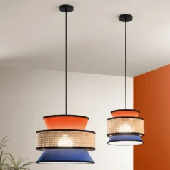 Lámpara colgante Gazebo, naranja/azul/natural, Ø 40 cm, tela/ratán