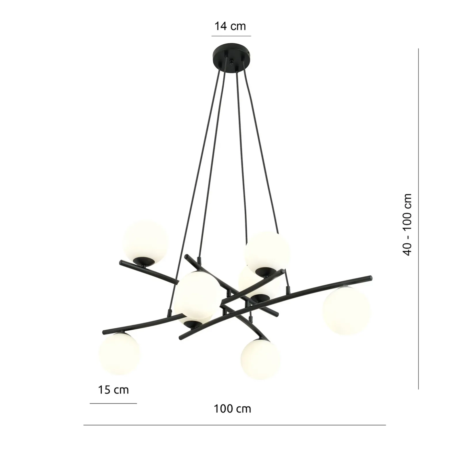 Lámpara colgante Glassy, cristal opalino, 100 cm, 8 luces, cruzadas