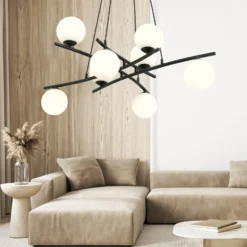 Lámpara colgante Glassy, cristal opalino, 100 cm, 8 luces, cruzadas