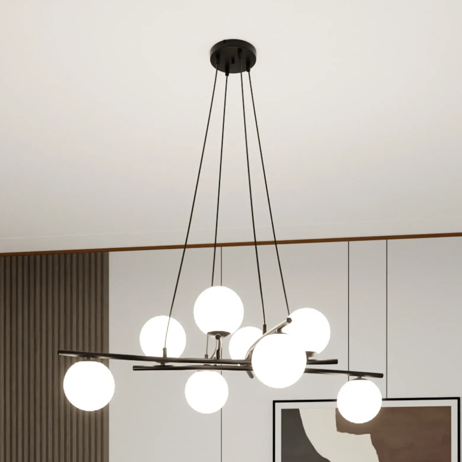 Lámpara colgante Glassy, cristal opalino, 100 cm, 8 luces, cruzadas