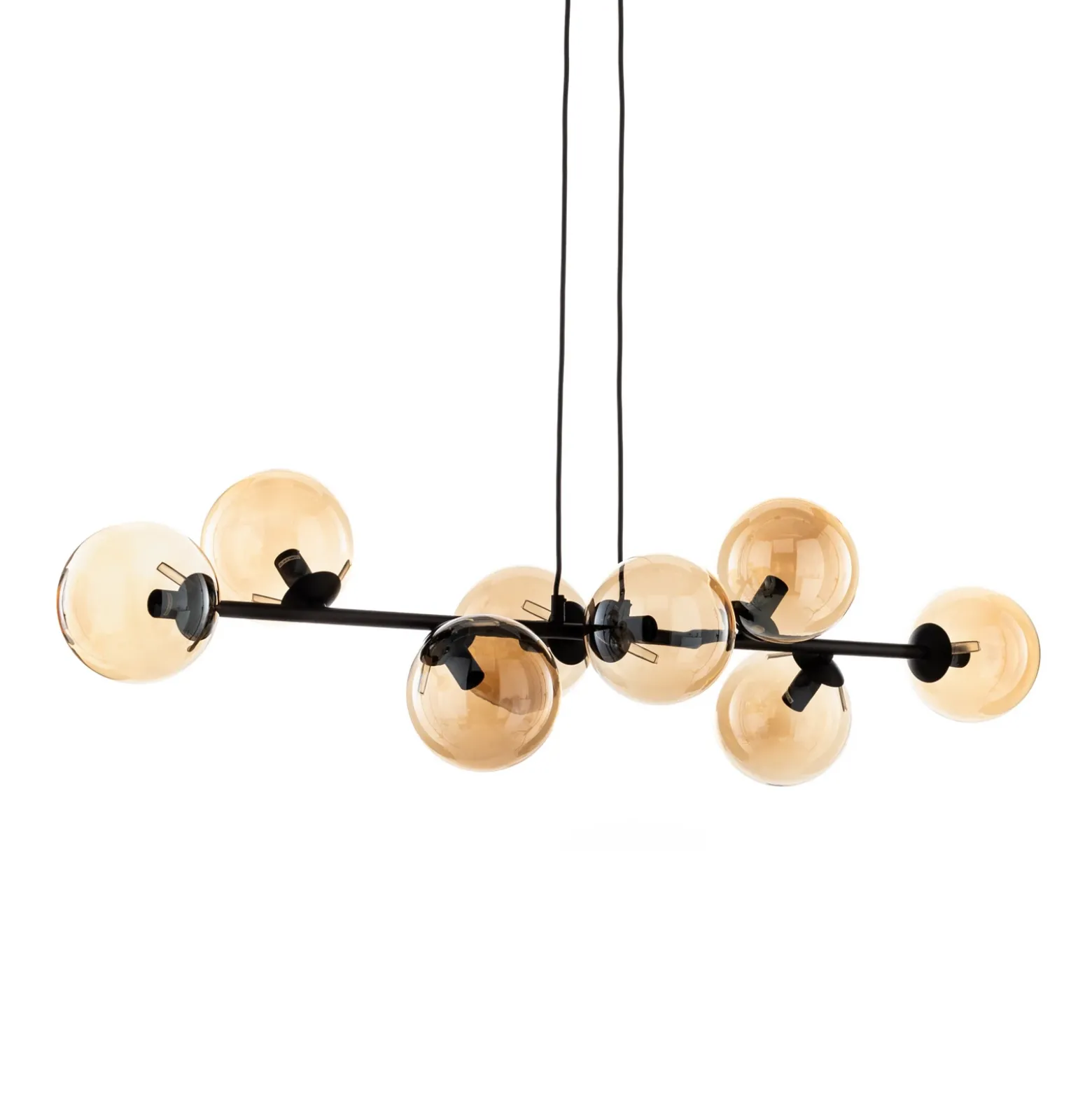 Lámpara colgante Glassy, 8 luces, negro, ámbar, cristal, E14